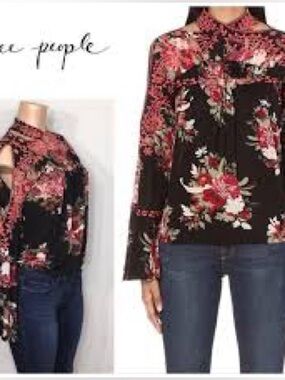 Free People Bainbridge embroidered black floral top Sz M